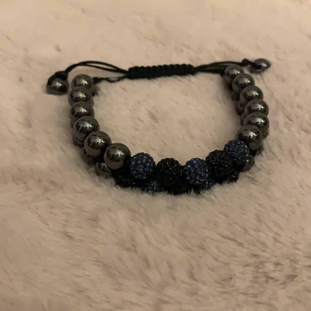 Shamballa style blue & black bead bracelet